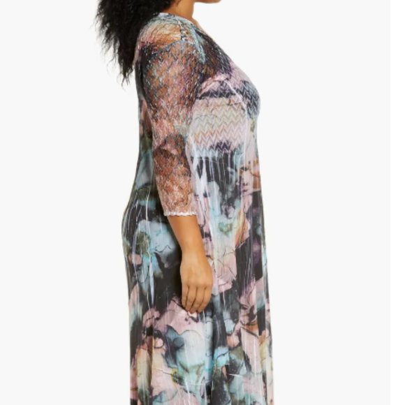 KOMAROV WATER COLOR FLORAL CHARMEUSE & CHIFFON V-NECK STARDUST MIDI DRESS XL - Picture 4 of 6